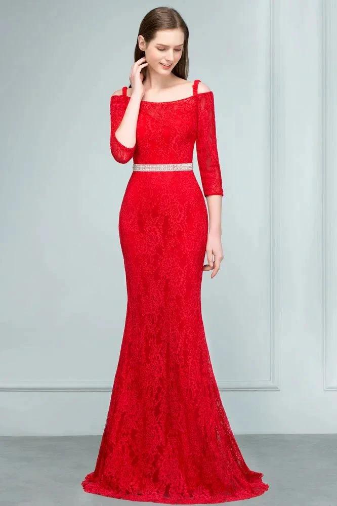 Long Spaghetti Off-shoulder Mermaid Lace Prom Dresses with Sleeves and Sash by misshow.com