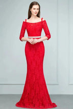 Long Spaghetti Off-shoulder Mermaid Lace Prom Dresses with Sleeves and Sash by misshow.com