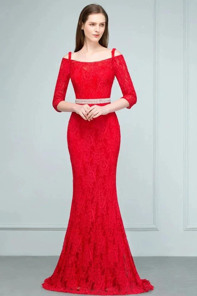 Long Spaghetti Off-shoulder Mermaid Lace Prom Dresses with Sleeves and Sash by misshow.com