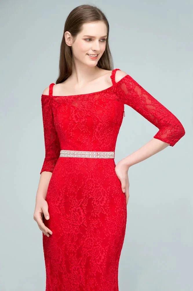 Long Spaghetti Off-shoulder Mermaid Lace Prom Dresses with Sleeves and Sash by misshow.com