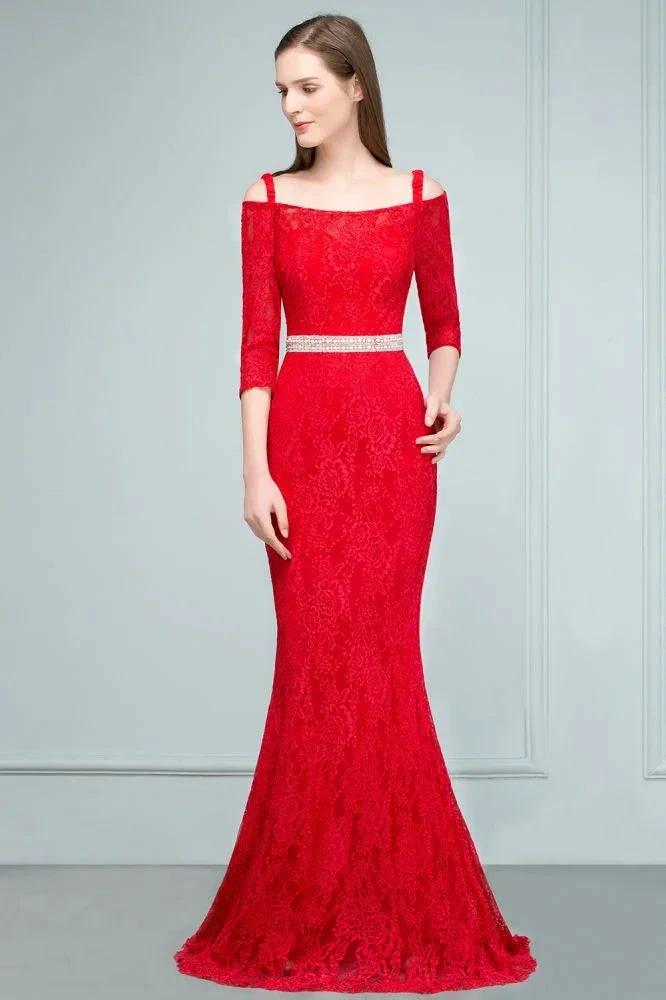 Long Spaghetti Off-shoulder Mermaid Lace Prom Dresses with Sleeves and Sash by misshow.com
