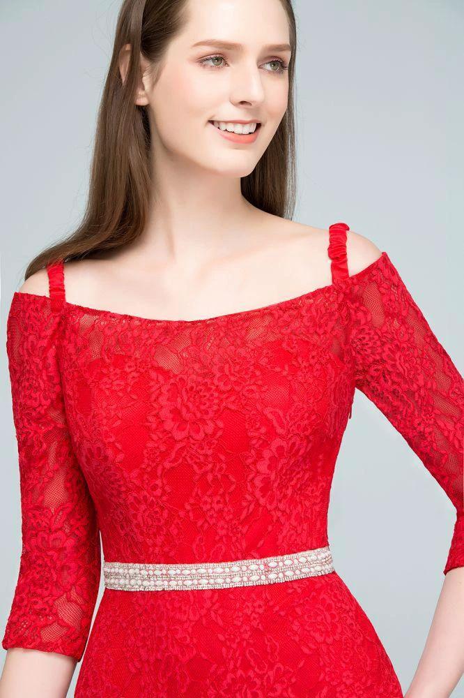 Long Spaghetti Off-shoulder Mermaid Lace Prom Dresses with Sleeves and Sash by misshow.com