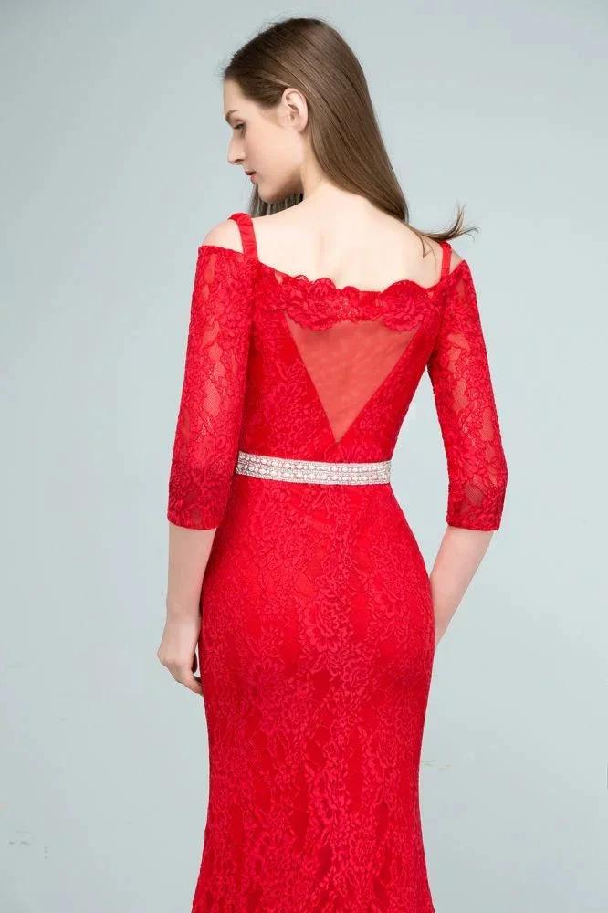 Long Spaghetti Off-shoulder Mermaid Lace Prom Dresses with Sleeves and Sash by misshow.com