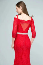 Long Spaghetti Off-shoulder Mermaid Lace Prom Dresses with Sleeves and Sash by misshow.com