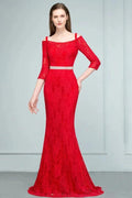 Long Spaghetti Off-shoulder Mermaid Lace Prom Dresses with Sleeves and Sash by misshow.com