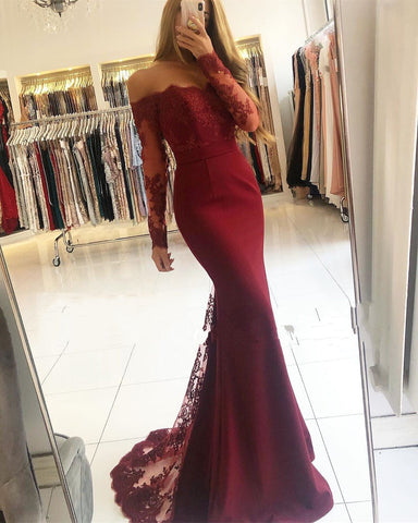 Vestidos de fiesta largos de sirena con encaje, sin tirantes y mangas, en color burdeos