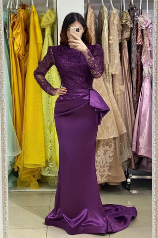 Vestido de fiesta largo de sirena con encaje joya de satén elástico y mangas