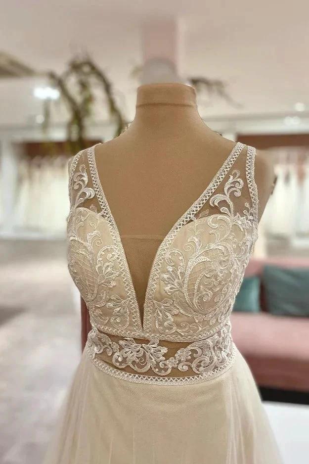 Long Sweetheart A-Line Tulle Appliques Lace Wedding Dress by BIZTUNNEL