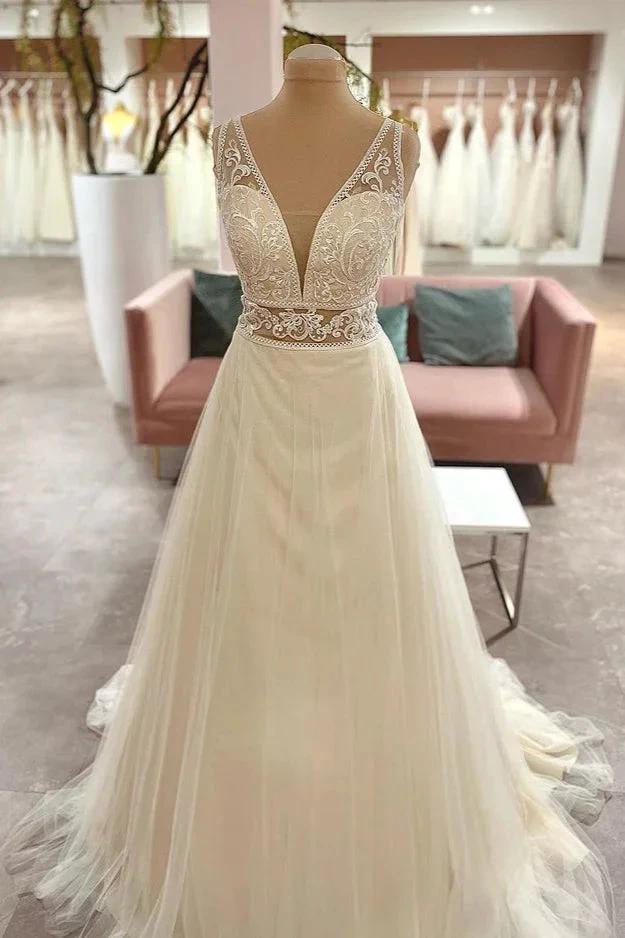 Long Sweetheart A-Line Tulle Appliques Lace Wedding Dress by BIZTUNNEL