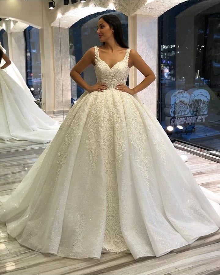 Long Sweetheart Backless Appliques Lace Sequins Ball Gown Wedding Dress by BIZTUNNEL