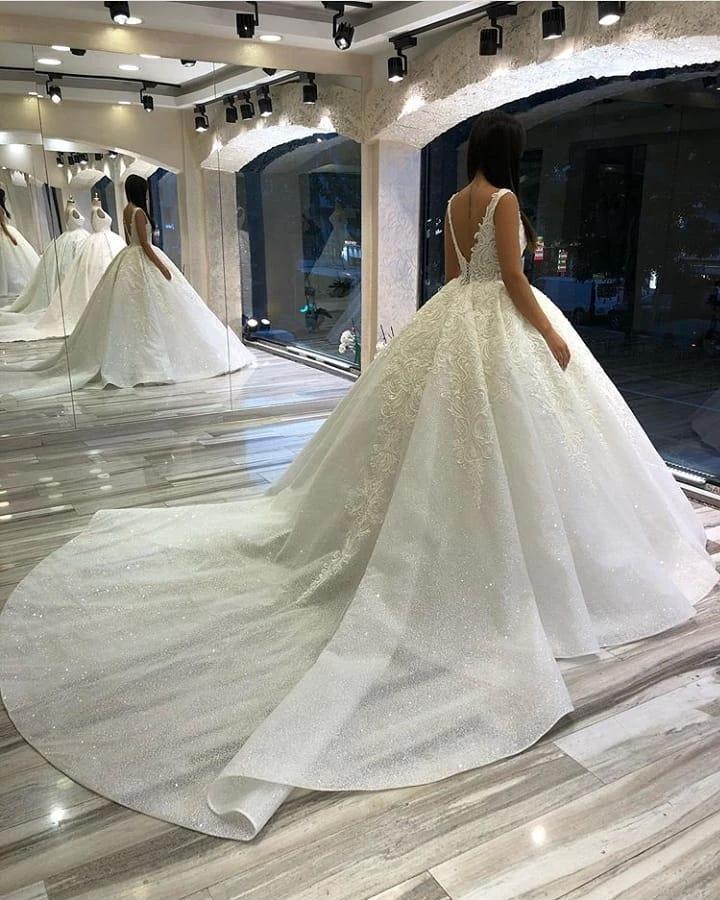 Long Sweetheart Backless Appliques Lace Sequins Ball Gown Wedding Dress by BIZTUNNEL