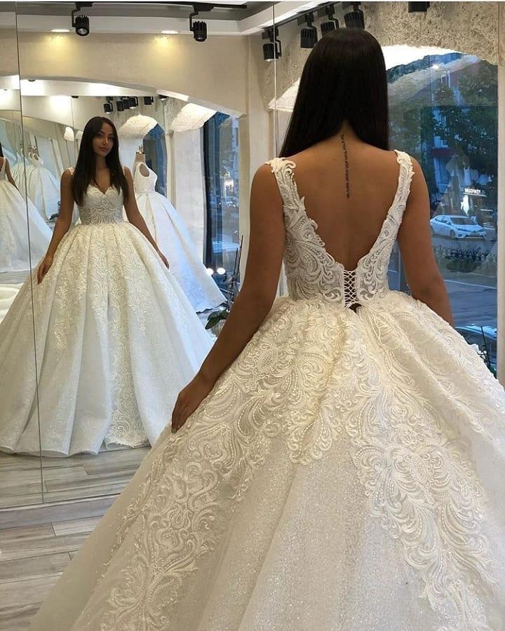 Long Sweetheart Backless Appliques Lace Sequins Ball Gown Wedding Dress by BIZTUNNEL