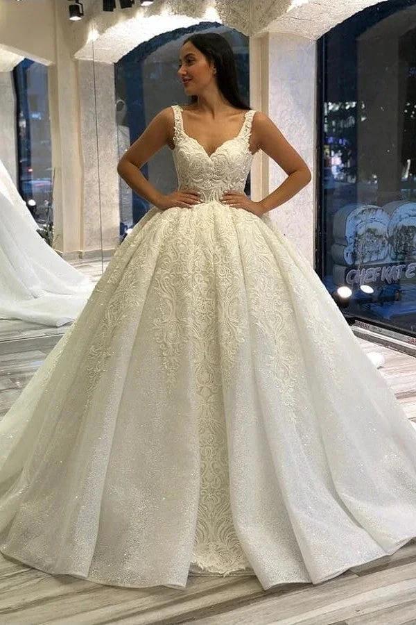 Long Sweetheart Backless Appliques Lace Sequins Ball Gown Wedding Dress by BIZTUNNEL