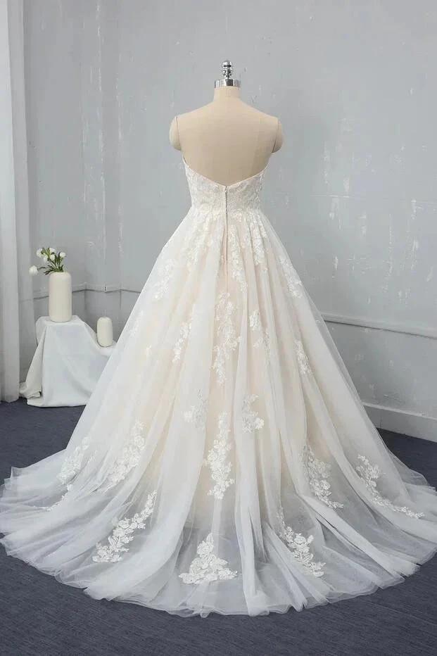 Long Sweetheart Backless Appliques Lace Tulle A-Line Wedding Dress by BIZTUNNEL