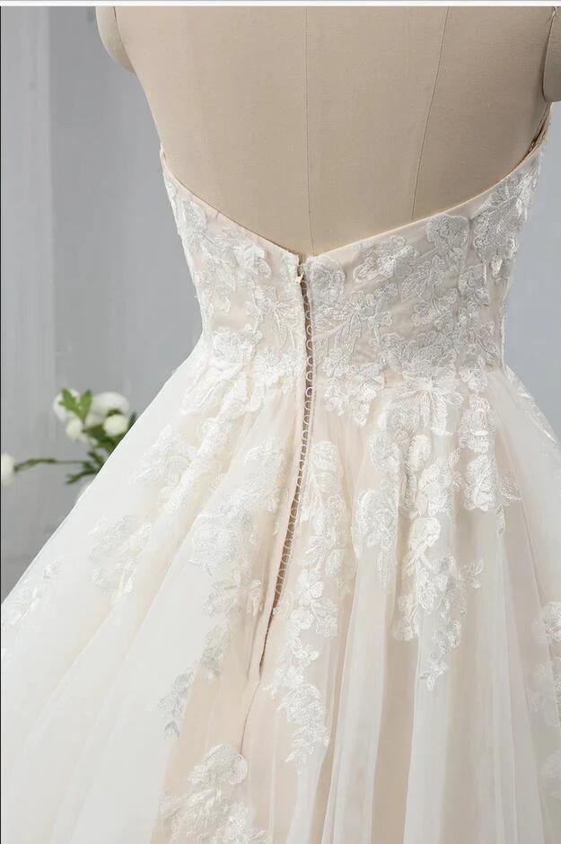 Long Sweetheart Backless Appliques Lace Tulle A-Line Wedding Dress by BIZTUNNEL