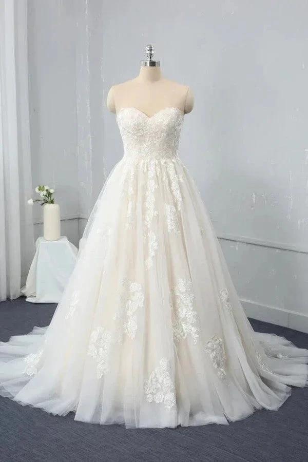 Long Sweetheart Backless Appliques Lace Tulle A-Line Wedding Dress by BIZTUNNEL