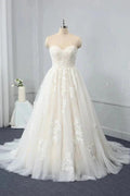 Long Sweetheart Backless Appliques Lace Tulle A-Line Wedding Dress by BIZTUNNEL