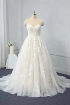 Long Sweetheart Backless Appliques Lace Tulle A-Line Wedding Dress by BIZTUNNEL