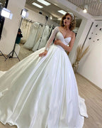 Long Sweetheart Satin Ruffles Ball Gown Wedding Dress with Sleeves by BIZTUNNEL