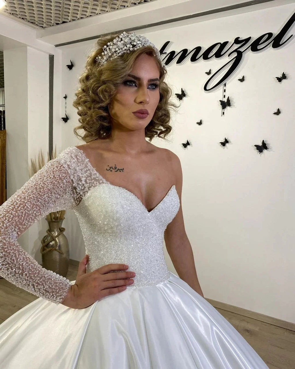 Long Sweetheart Satin Ruffles Ball Gown Wedding Dress with Sleeves by BIZTUNNEL