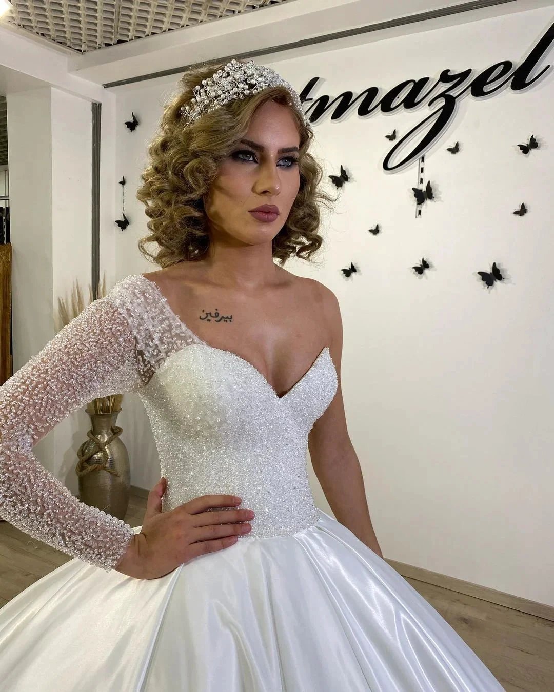 Long Sweetheart Satin Ruffles Ball Gown Wedding Dress with Sleeves by BIZTUNNEL