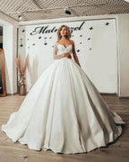 Long Sweetheart Satin Ruffles Ball Gown Wedding Dress with Sleeves by BIZTUNNEL