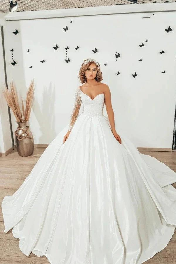 Long Sweetheart Satin Ruffles Ball Gown Wedding Dress with Sleeves by BIZTUNNEL