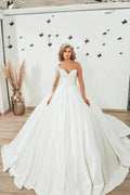 Long Sweetheart Satin Ruffles Ball Gown Wedding Dress with Sleeves by BIZTUNNEL