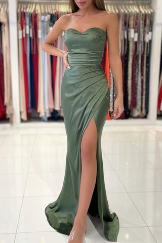 Vestidos de fiesta de sirena de satén elástico con escote corazón y abertura
