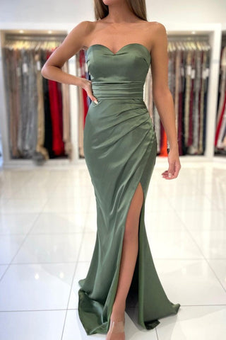 Vestidos de fiesta de sirena de satén elástico con escote corazón y abertura