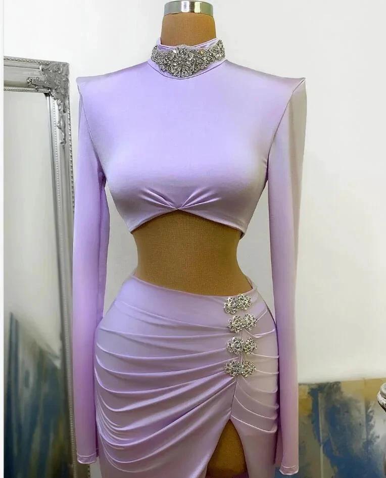 Long Two Piece Mermaid High Neck Split Prom Dress with Sleeves by BIZTUNNEL