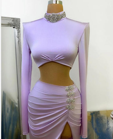 Vestido de fiesta largo de dos piezas con escote alto, corte sirena y mangas