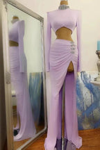 Long Two Piece Mermaid High Neck Split Prom Dress with Sleeves by BIZTUNNEL