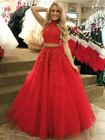 Vestidos de fiesta formales de tul con encaje y cuello alto, de dos piezas, largos, corte A