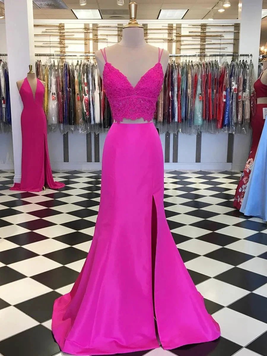 Long Two Pieces Mermaid V Neck Satin Lace Fuchsia Prom Dresses with Leg Slit by BIZTUNNEL