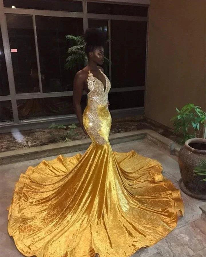 Long V-neck Appliques Lace Mermaid Evening Dress by BIZTUNNEL