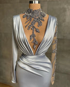 Long V-neck Beading Satin Mermaid Evening Dress with Sleeves by BIZTUNNEL