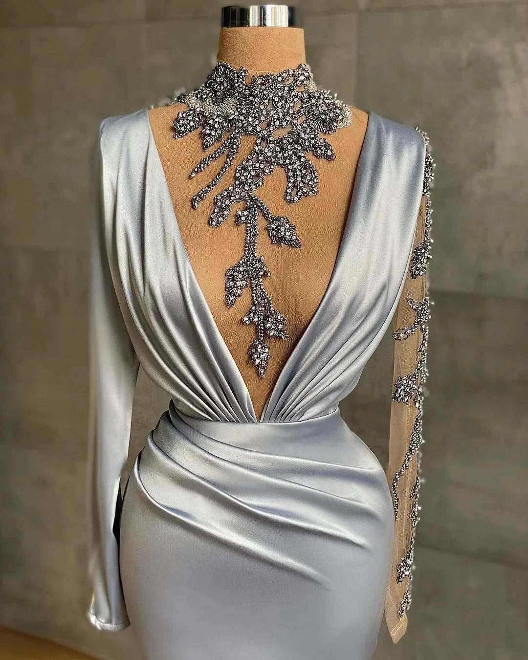 Long V-neck Beading Satin Mermaid Evening Dress with Sleeves by BIZTUNNEL