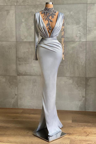 Long V-neck Beading Satin Mermaid Evening Dress with Sleeves