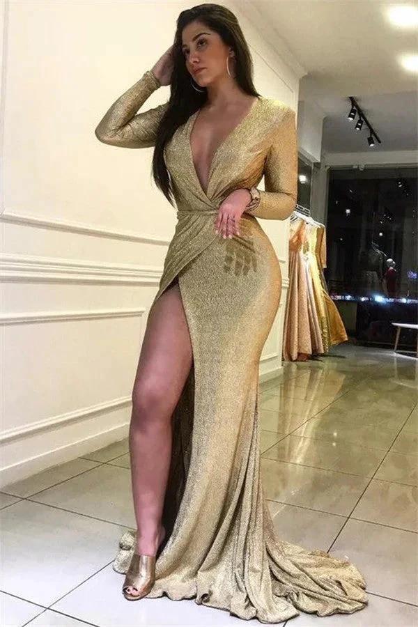 Long V-neck Sequined Mermaid Prom Dress with Sleeves by BIZTUNNEL