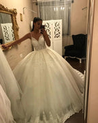 Long V-neck Spaghetti Straps Appliques Lace Tulle Ball Gown Wedding Dress by BIZTUNNEL