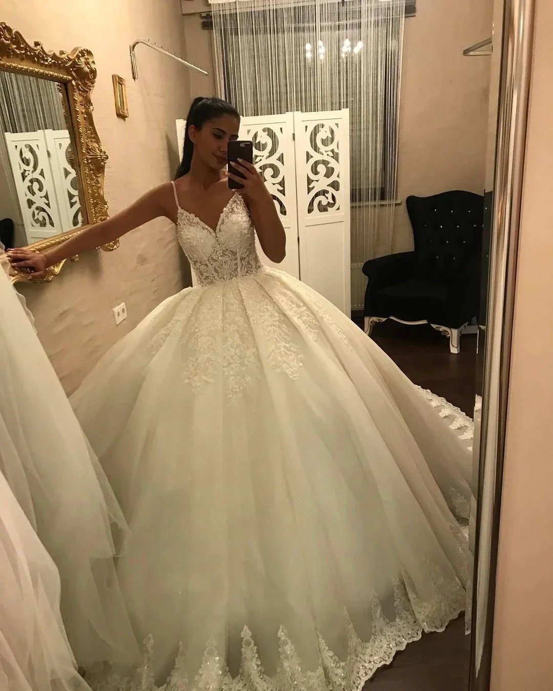Long V-neck Spaghetti Straps Appliques Lace Tulle Ball Gown Wedding Dress by BIZTUNNEL