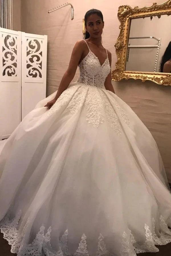 Long V-neck Spaghetti Straps Appliques Lace Tulle Ball Gown Wedding Dress by BIZTUNNEL