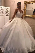 Long V-neck Spaghetti Straps Appliques Lace Tulle Ball Gown Wedding Dress by BIZTUNNEL