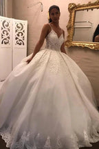 Long V-neck Spaghetti Straps Appliques Lace Tulle Ball Gown Wedding Dress by BIZTUNNEL