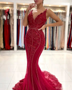 Long V-neck Tulle Lace Open Back Mermaid Prom Dress with Glitter by BIZTUNNEL