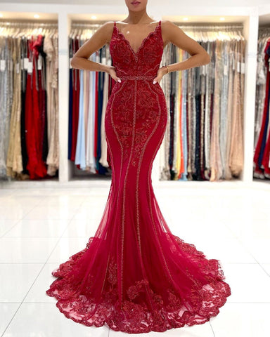 Vestido de fiesta largo de sirena con escote en V, encaje de tul y espalda abierta con purpurina