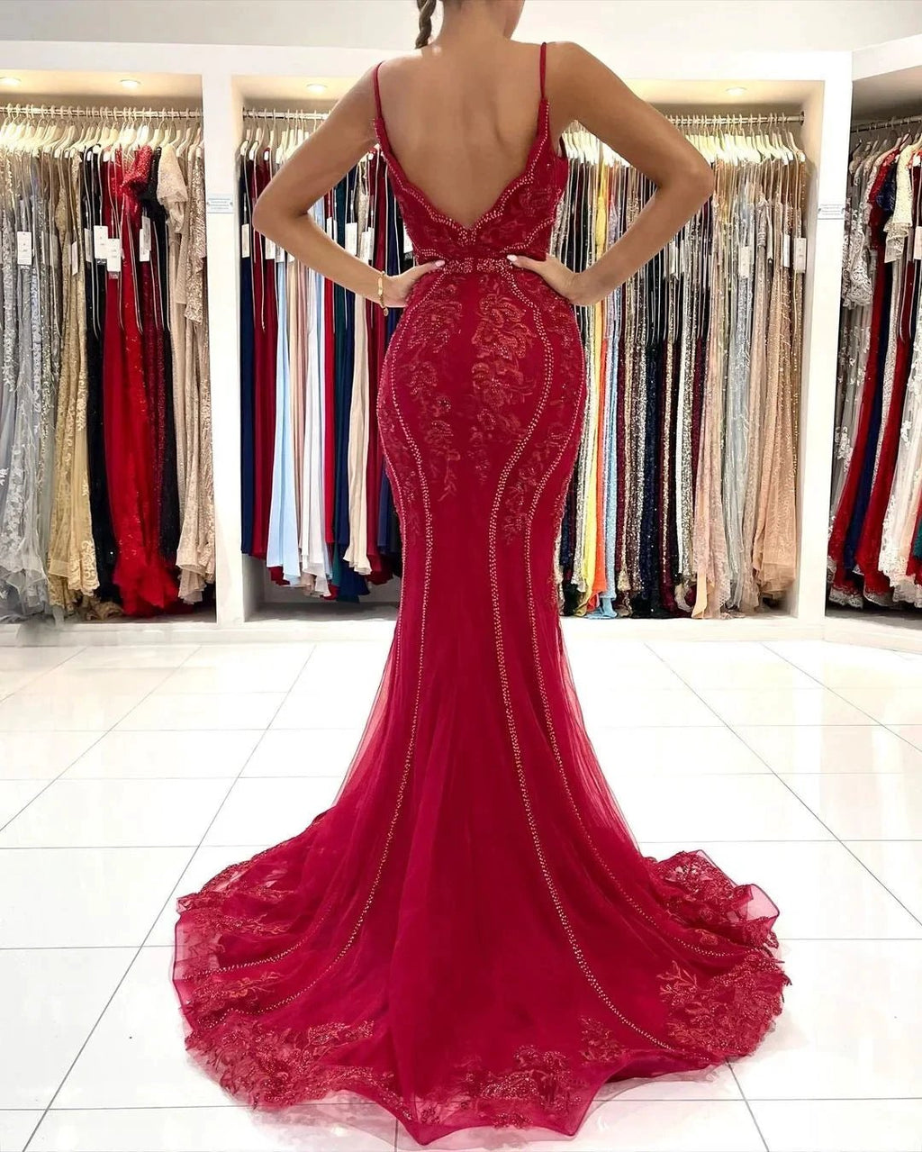 Long V-neck Tulle Lace Open Back Mermaid Prom Dress with Glitter by BIZTUNNEL