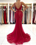 Long V-neck Tulle Lace Open Back Mermaid Prom Dress with Glitter by BIZTUNNEL