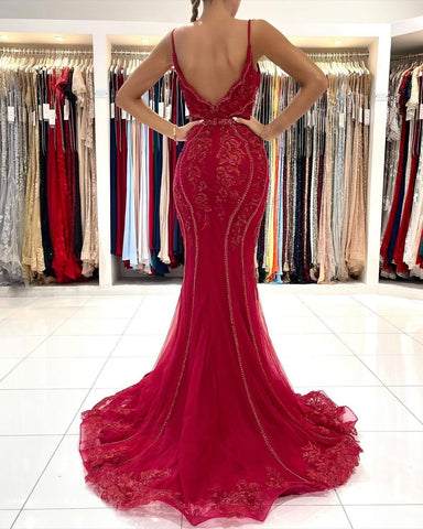 Vestido de fiesta largo de sirena con escote en V, encaje de tul y espalda abierta con purpurina